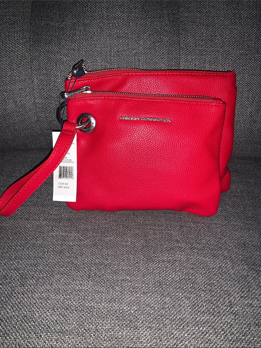 French Connection Bright Red Double Zip Wristlet Clutch